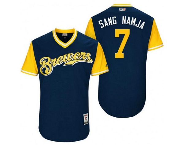 Men's Milwaukee Brewers #7 Sang Namja Navy Stitched Jersey